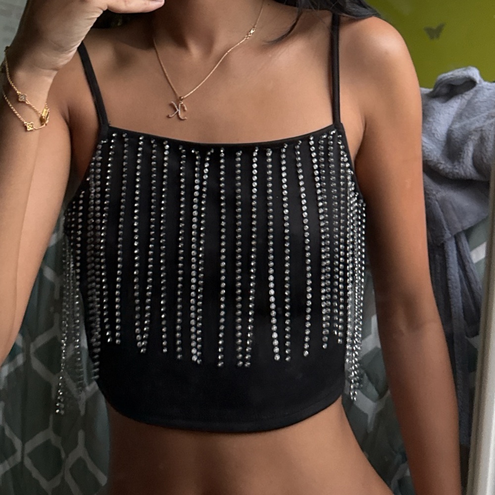 Black Rhinestone Embellished Women's Top